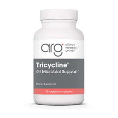 Allergy Research Group Tricycline bottle on table highlighting GI balance support.