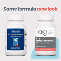 Allergy Research Group vegetarian B12 lozenge showcases pure ingredients and hypoallergenic formula.