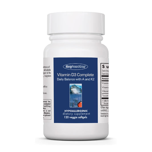 Allergy Research Group Vit D3 Complete bottle shown for reliable daily supplementation.