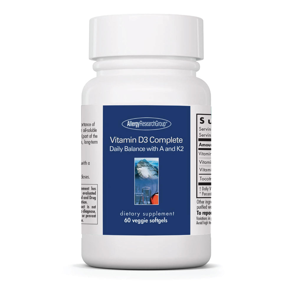 Allergy Research Group Vit D3 Complete bottle on counter for balanced daily supplementation.