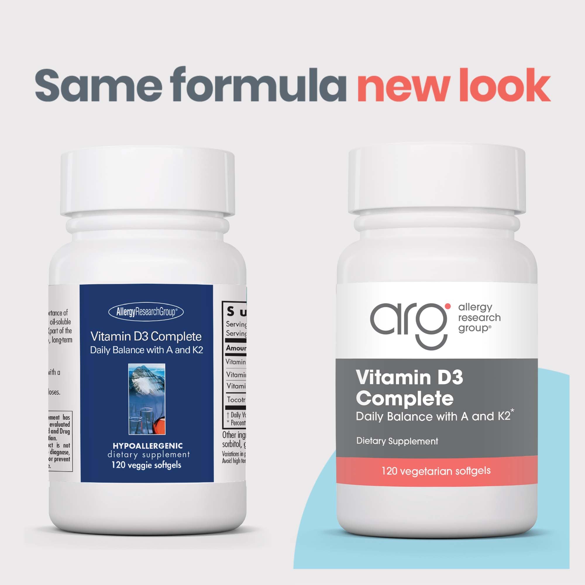 Allergy Research Group Vit D3 Complete label emphasizes the hypoallergenic, doctor-developed formula.