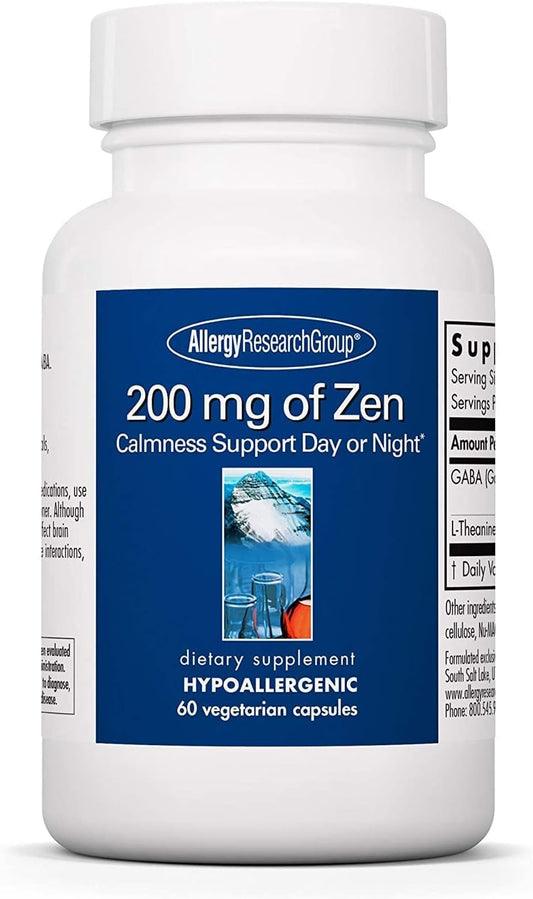 Allergy Research Group Zen bottle showing non-drowsy calm support for daily routines.