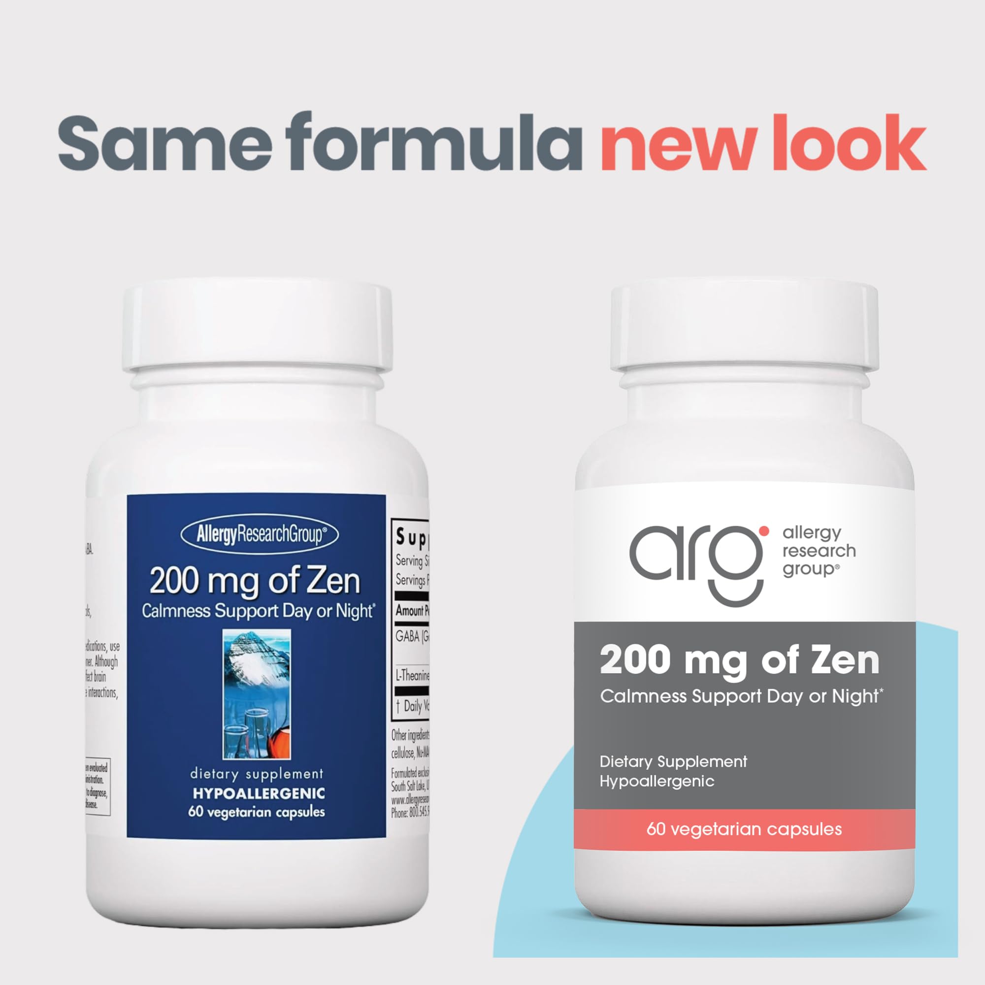 Zen capsules closeup highlighting 550 mg GABA and 200 mg L-Theanine for relaxed focus.