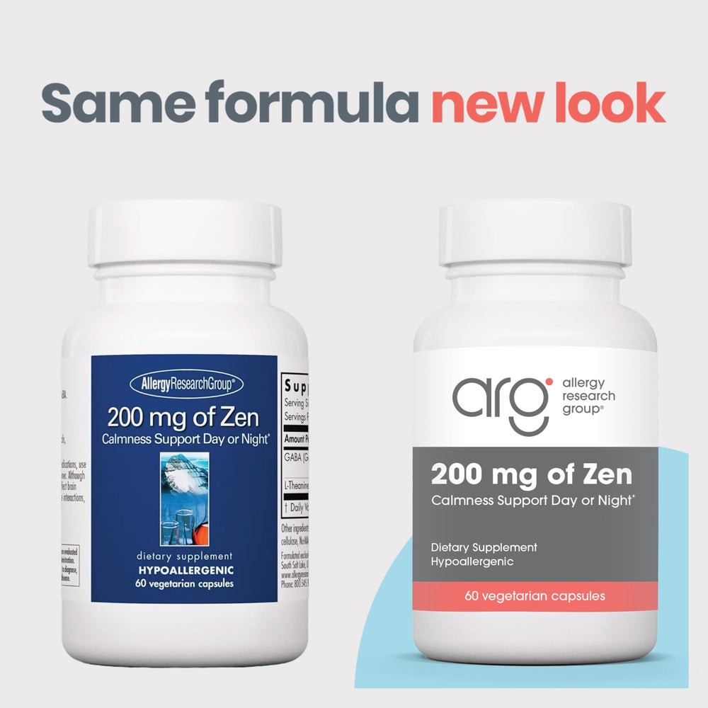 Zen capsules closeup highlighting 550 mg GABA and 200 mg L-Theanine for relaxed focus.