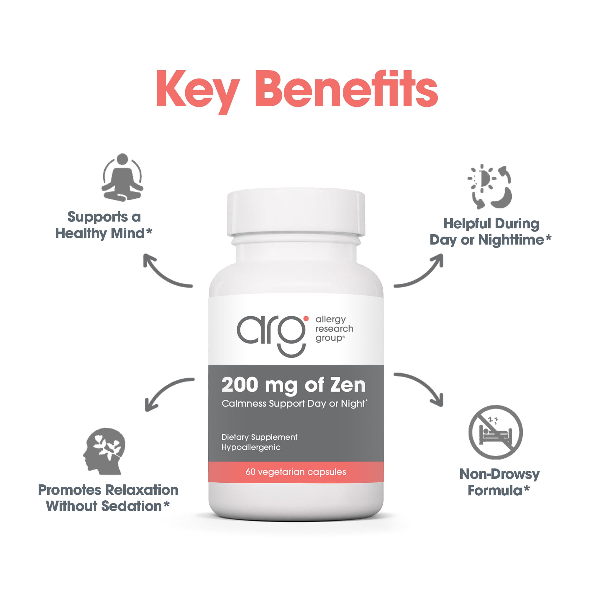 Zen label detail emphasizes 60 vegetarian capsules and strict quality controls.