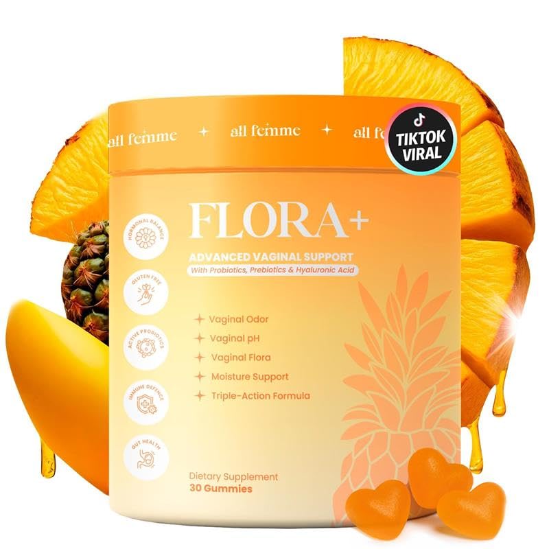 ALLFEMME Flora+ gummies bottle pour supports daily vaginal balance
