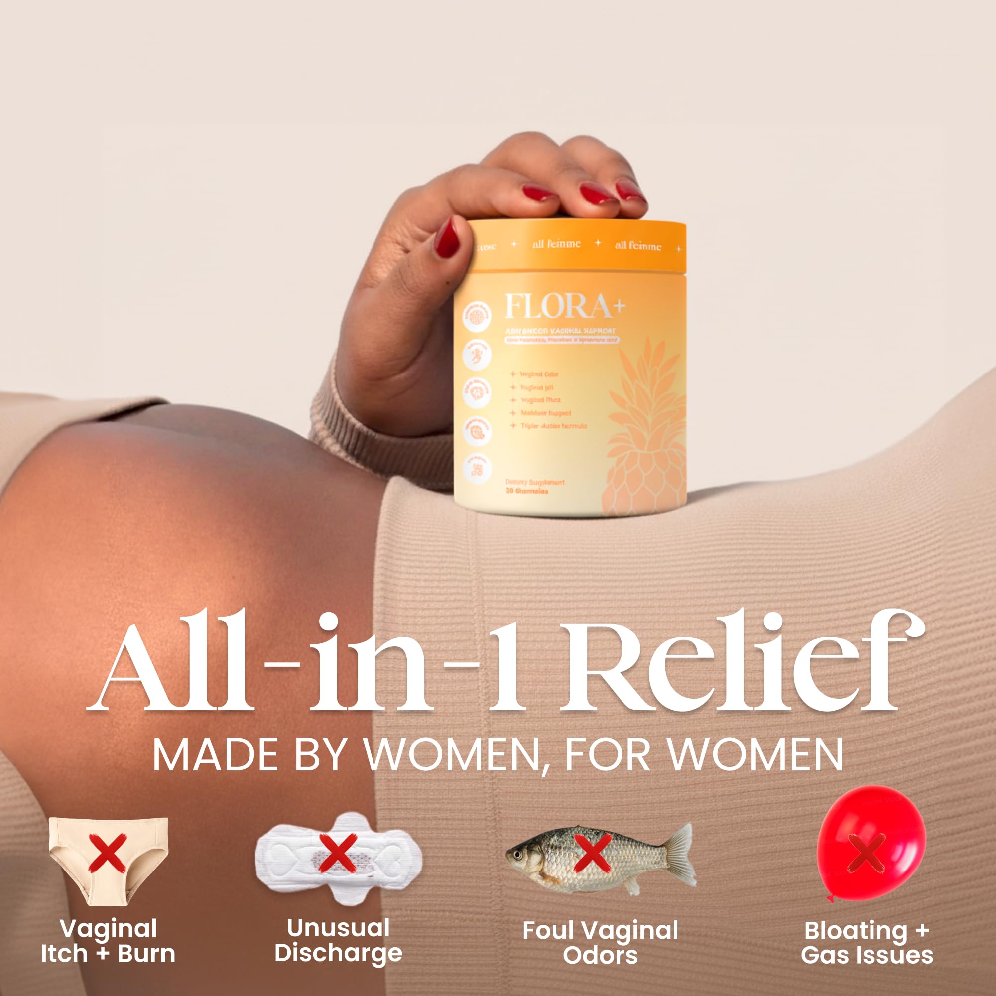 ALLFEMME Flora+ gummies closeup pineapple flavor for refreshing daily use