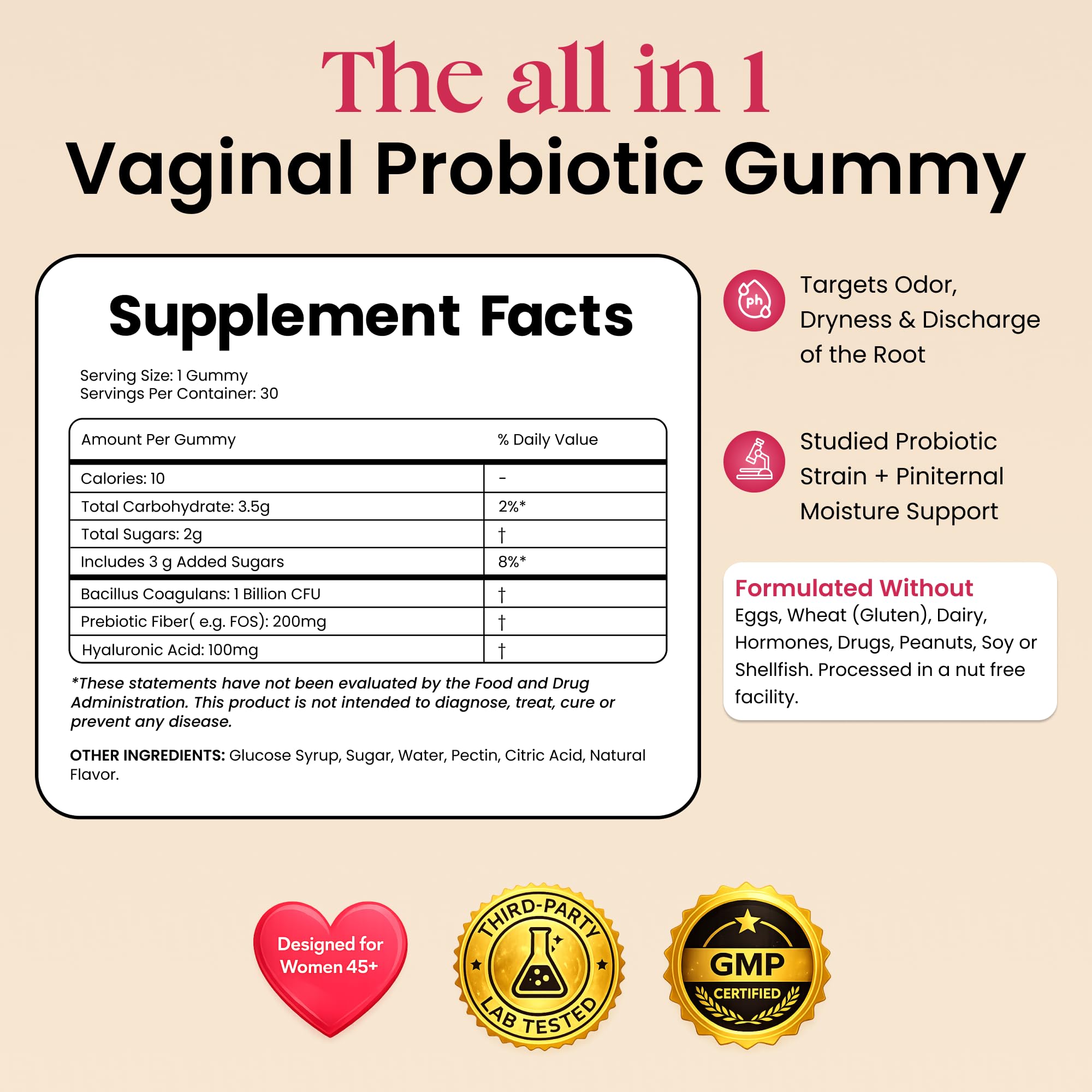 ALLFEMME Flora+ gummies label emphasizes quality and GMP certification