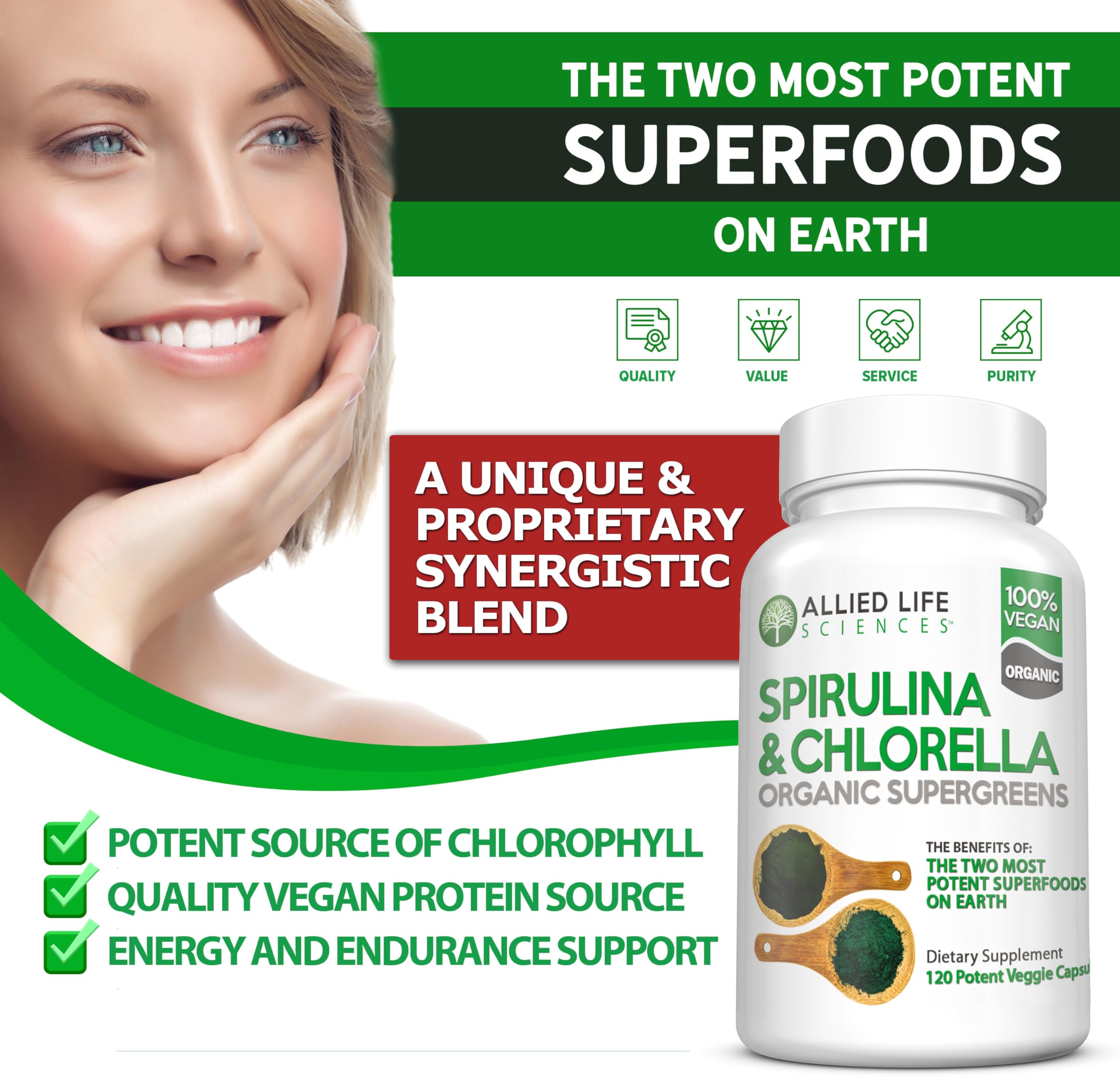 Allied Life spirulina chlorella supplement jars prepared for daily immune support