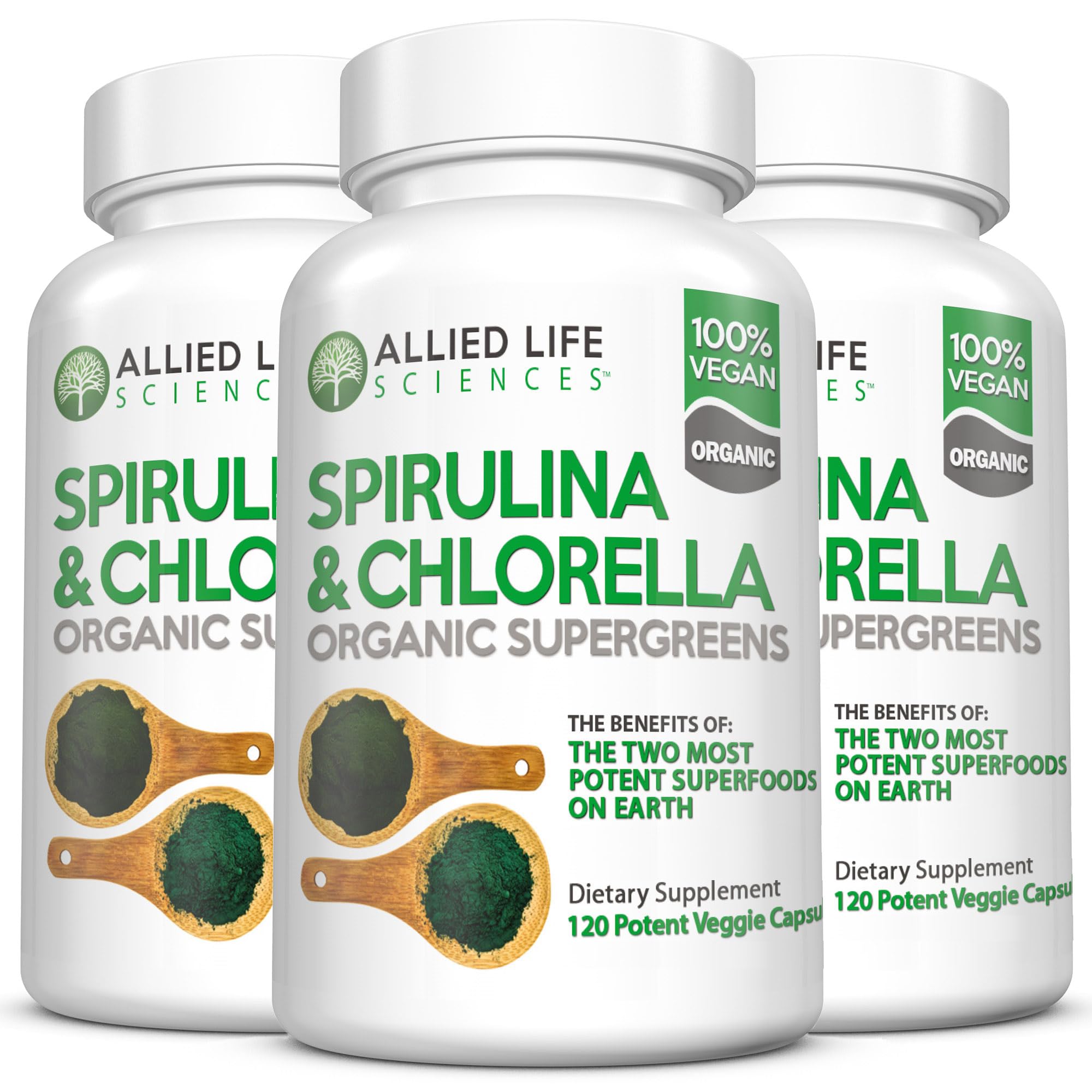 Allied Life Spirulina and Chlorella bottle pack with green capsules for wellness support