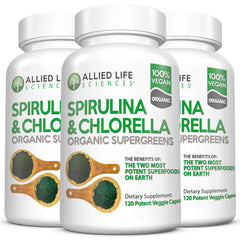 Allied Life Spirulina and Chlorella bottle pack with green capsules for wellness support