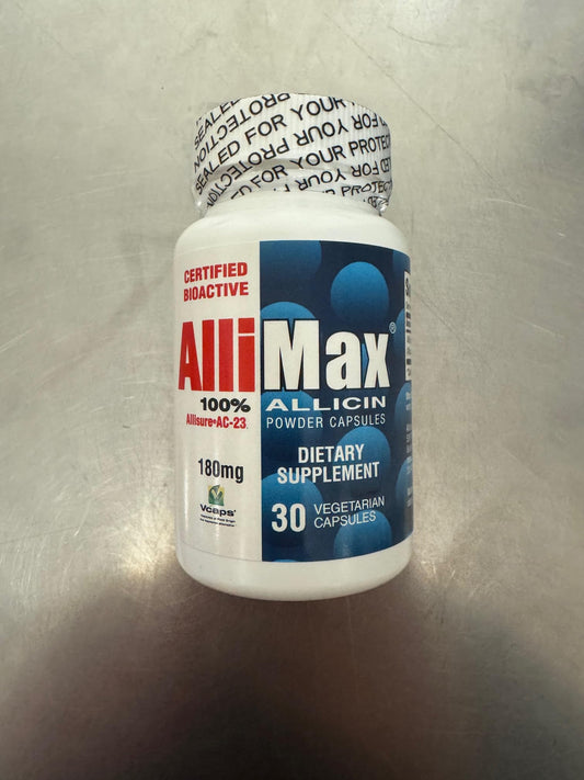 Allimax 180 mg bottle front shows convenient daily garlic derived supplement for daily wellness