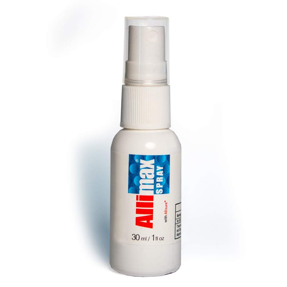 Allimax Rescue Spray packaging highlighting 1oz size and allicin