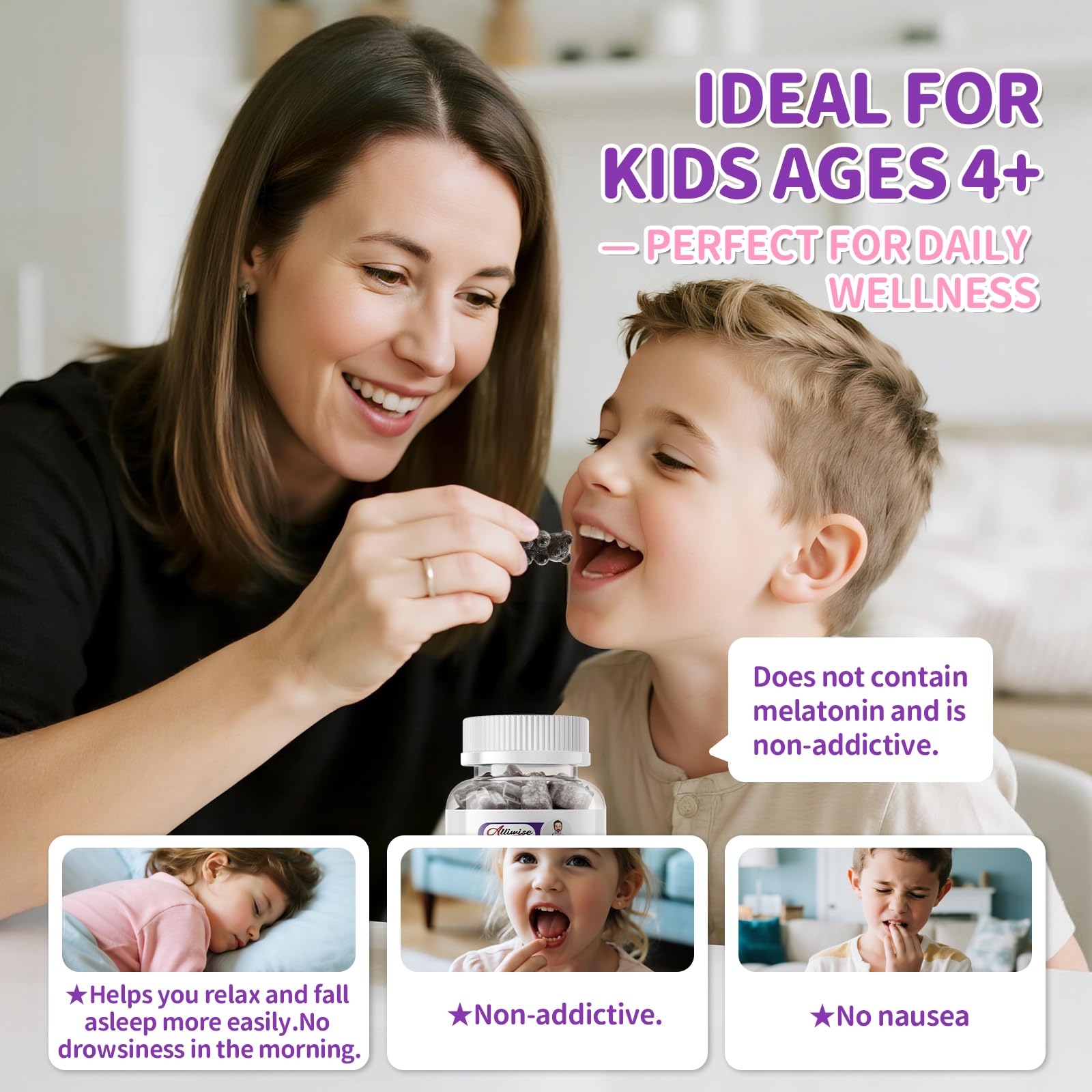 Alliwise 2pack Kids Sleep Gummies bedtime scene with child