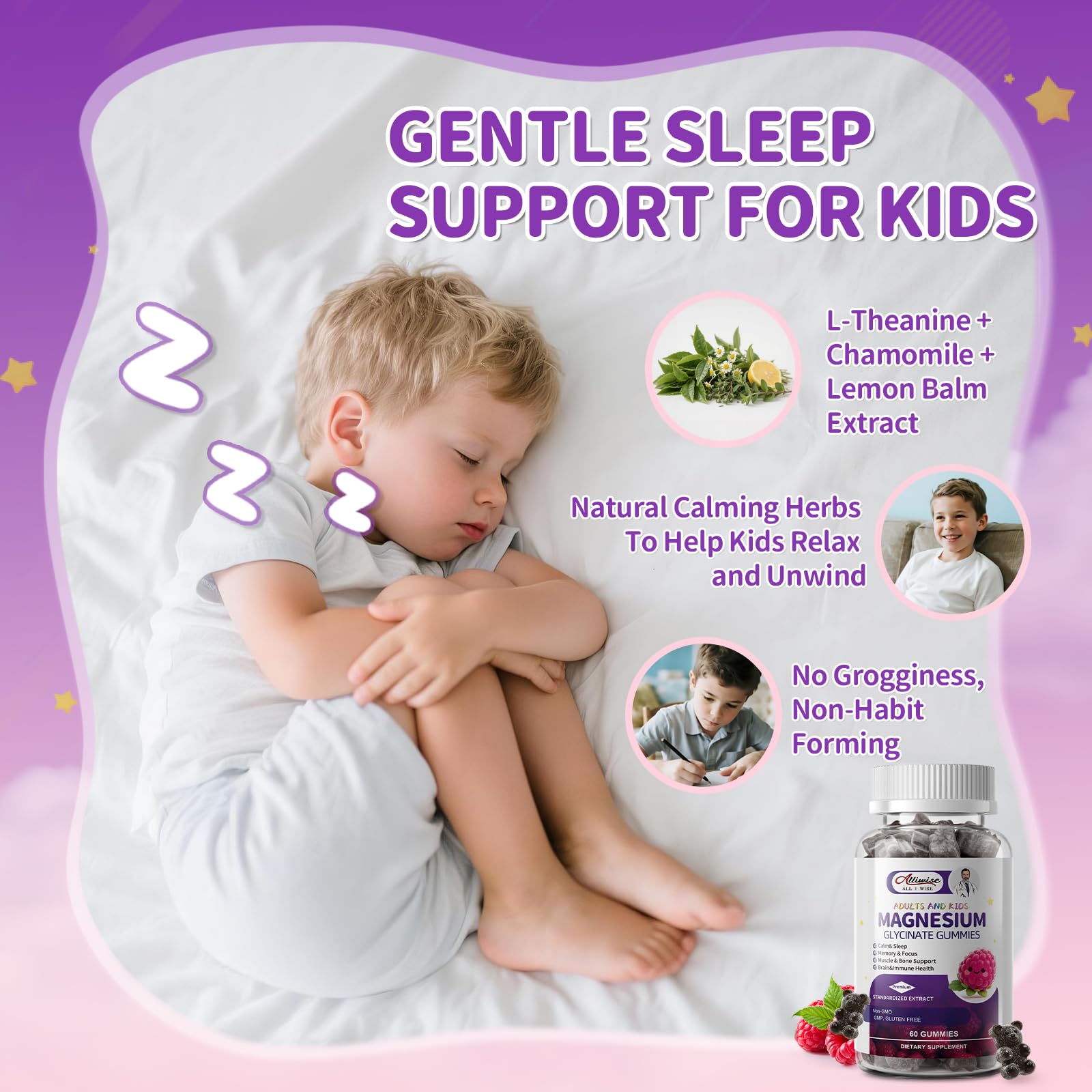 Alliwise 2pack Kids Sleep Gummies raspberry flavor for bedtime routine