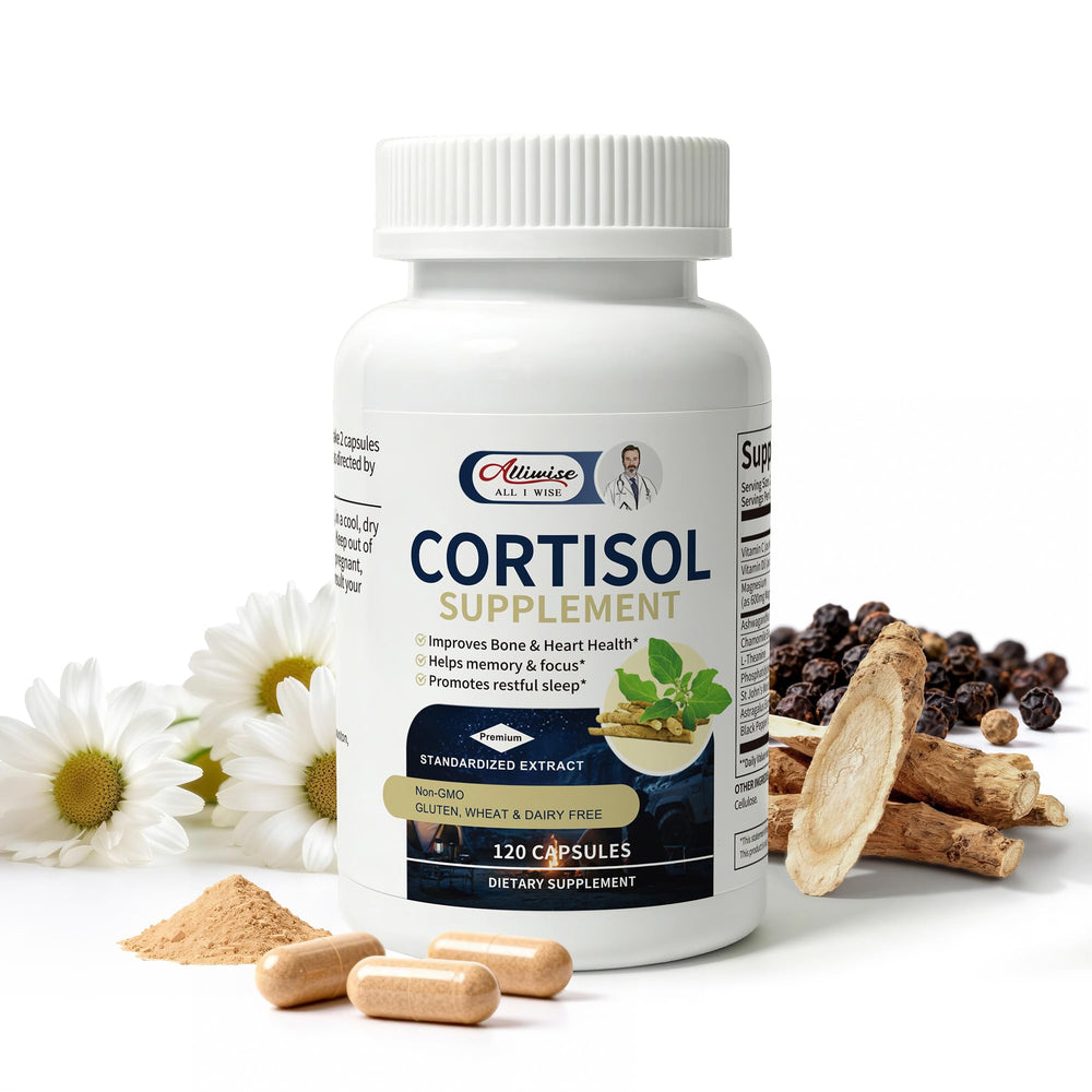 Alliwise cortisol supplement bottle ready for daily calm and focus.