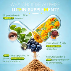 Alliwise ingredients chart lists vitamins and minerals for ocular wellness.