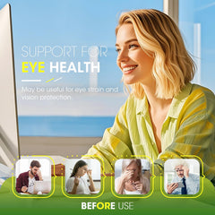 Desk setup showing Alliwise eye vitamins for digital eye fatigue relief.