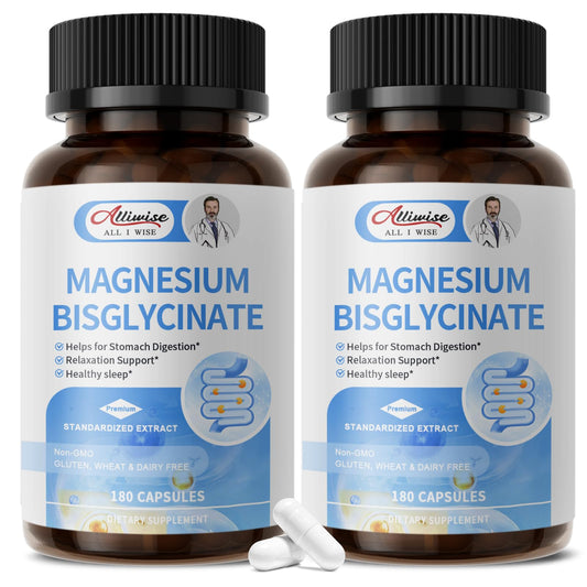 Alliwise Magnesium Glycinate capsules bottle closeup; high absorption for sensitive stomachs.