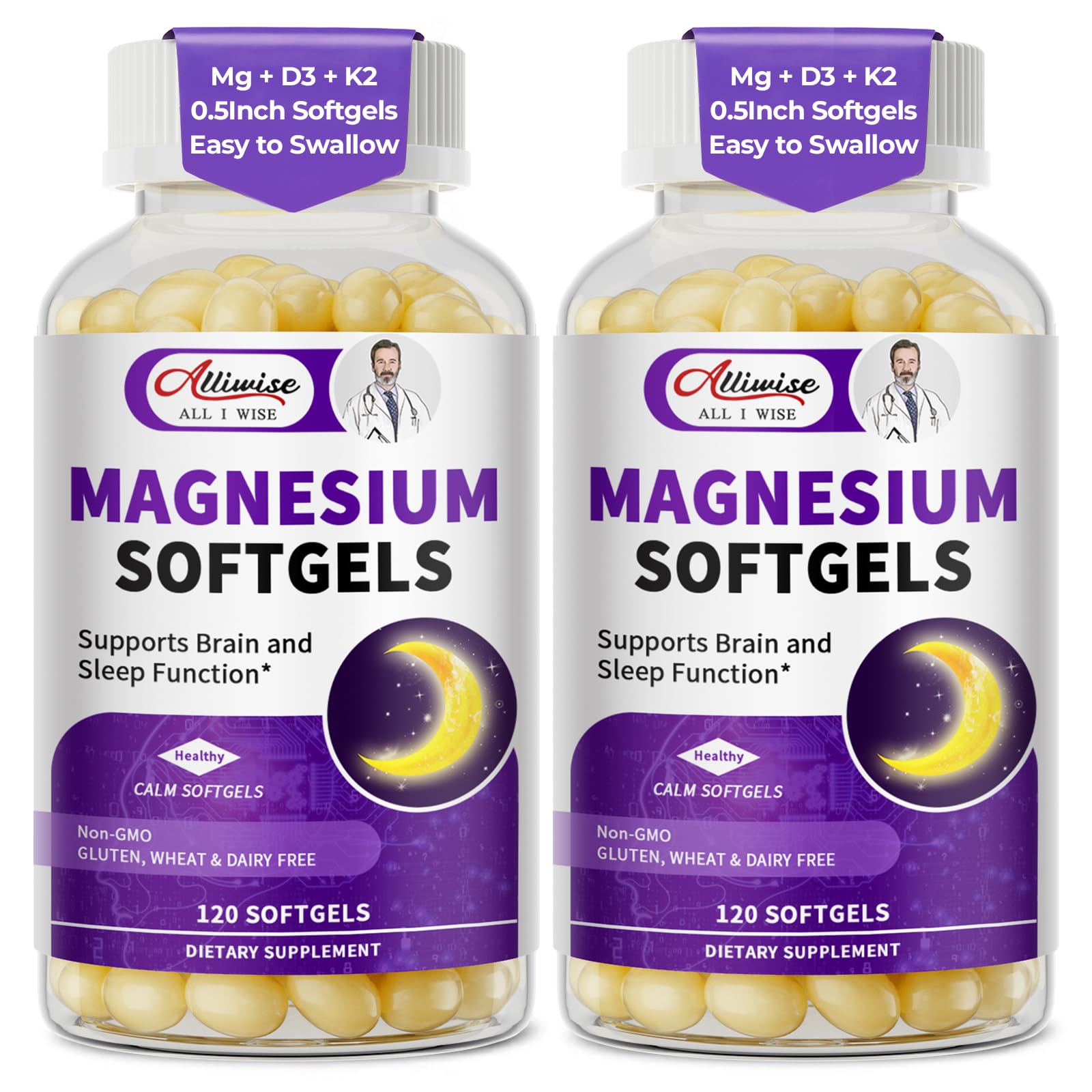 Alliwise magnesium glycinate softgels 2-pack bottle for daily replenishment.