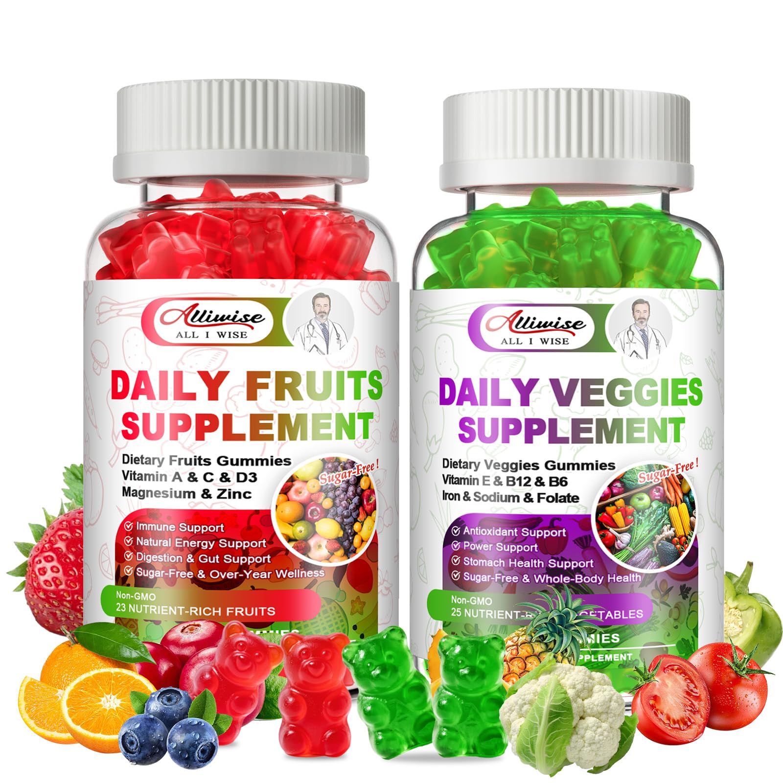 Alliwise sugar-free fruits and veggies gummies bottle front view boosts daily nutrition