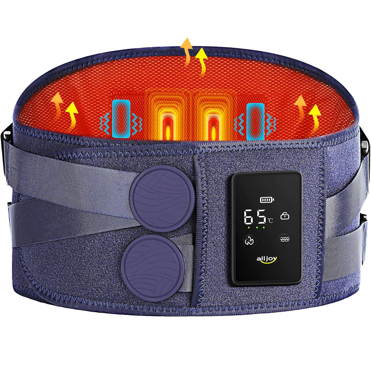 ALLJOY cordless back massager showing heat and massage on the lower back for warmth