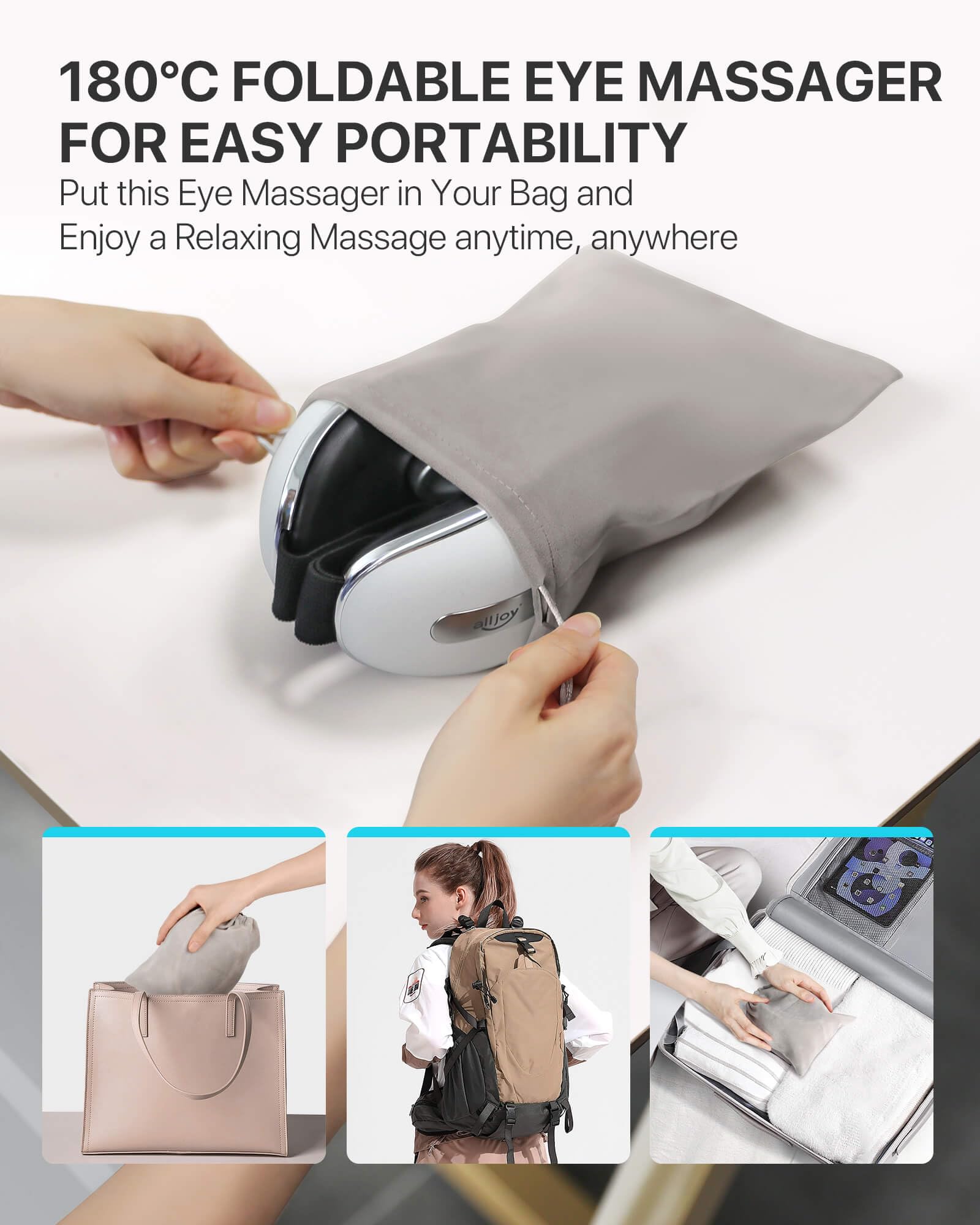 ALLJOY Eye Massager with adjustable straps fits a variety of face shapes securely.