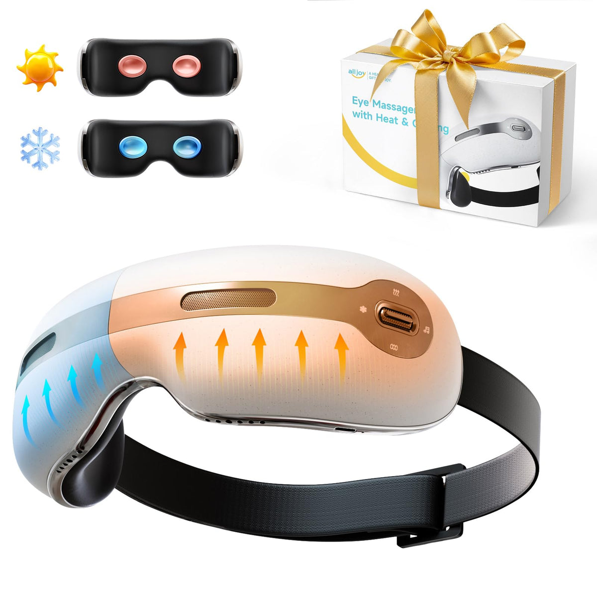 ALLJOY Eye Massager with Cold Compress relieves puffiness and brightens tired eyes.