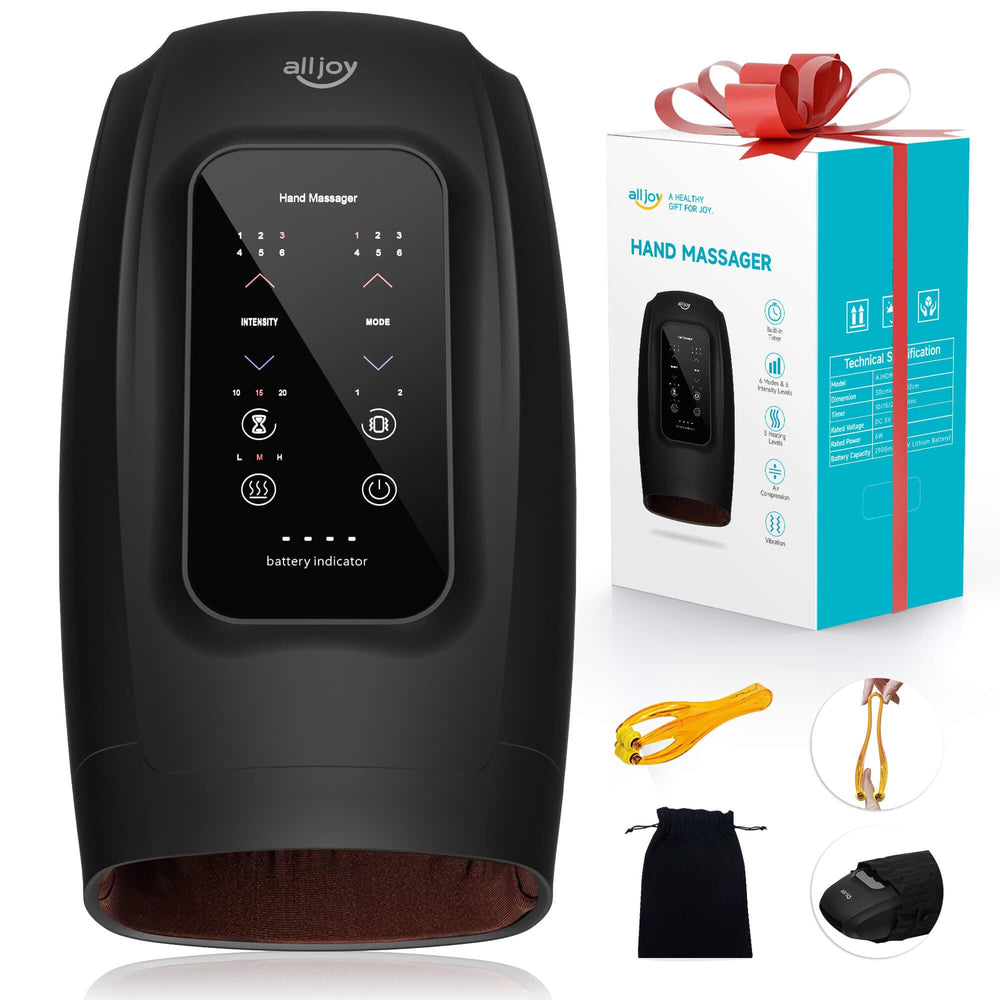 ALLJOY Hand Massager touchscreen in use with mode and battery status visible