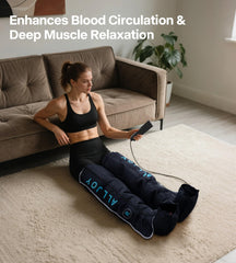 ALLJOY Pro Leg Massager control panel illustrating nine pressure levels for tailored relief