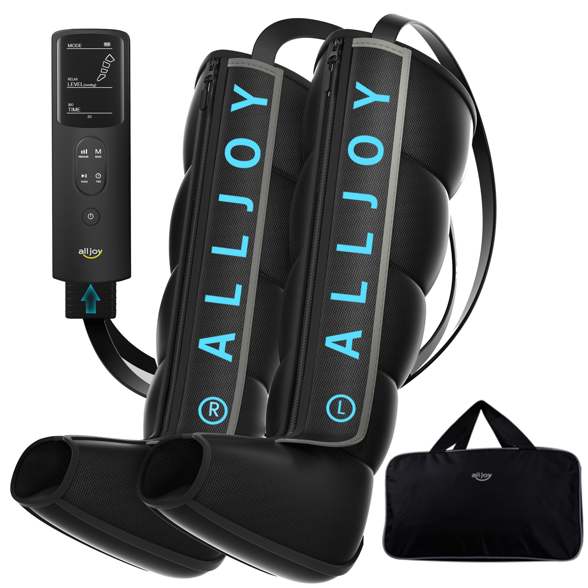 ALLJOY Pro Leg Massager front view showing 5-zone airbags for targeted leg relief after workouts