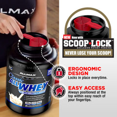 ALLMAX ALLWHEY Chocolate shake in shaker demonstrating easy mixing