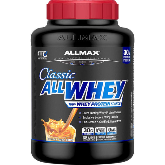 ALLMAX ALLWHEY Chocolate Peanut Butter jar for daily protein fueling.