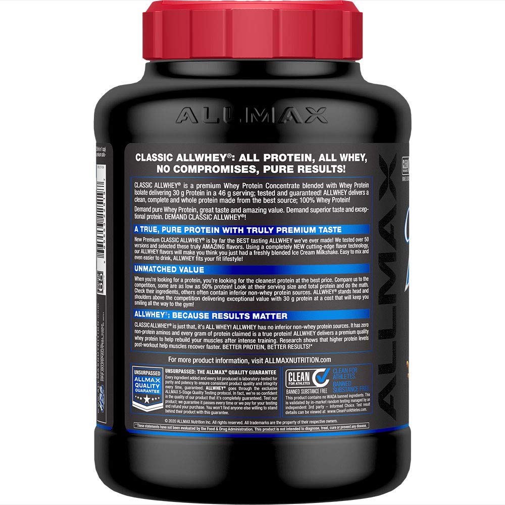 ALLMAX ALLWHEY Chocolate Peanut Butter scoop provides 30 g protein per serving.