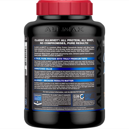 ALLMAX ALLWHEY Chocolate Peanut Butter scoop provides 30 g protein per serving.