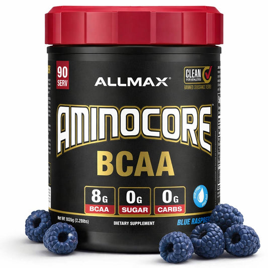ALLMAX AminoCore blue raspberry bottle for post-workout recovery