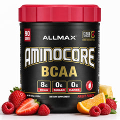 Allmax AminoCore fruit punch tub highlights complete amino energy for workouts.