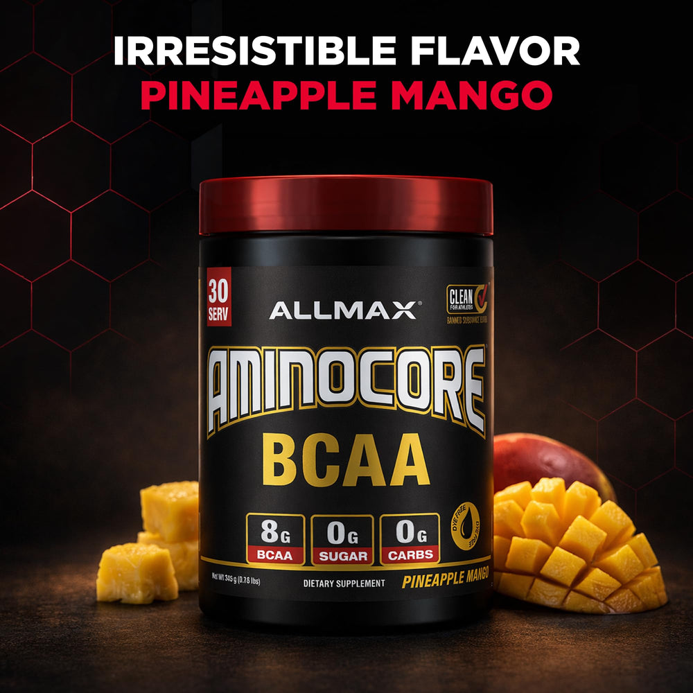 Allmax AminoCORE nutrition facts panel with transparent ingredient details
