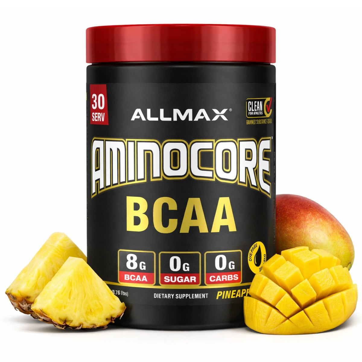 Allmax AminoCORE bottle label shows high-purity BCAA blend for targeted recovery