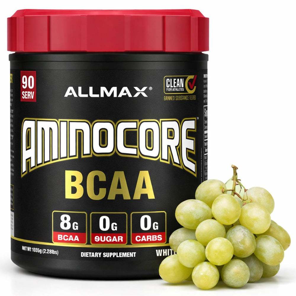 Allmax AMINOCORE white grape powder bottle ready for daily workouts.