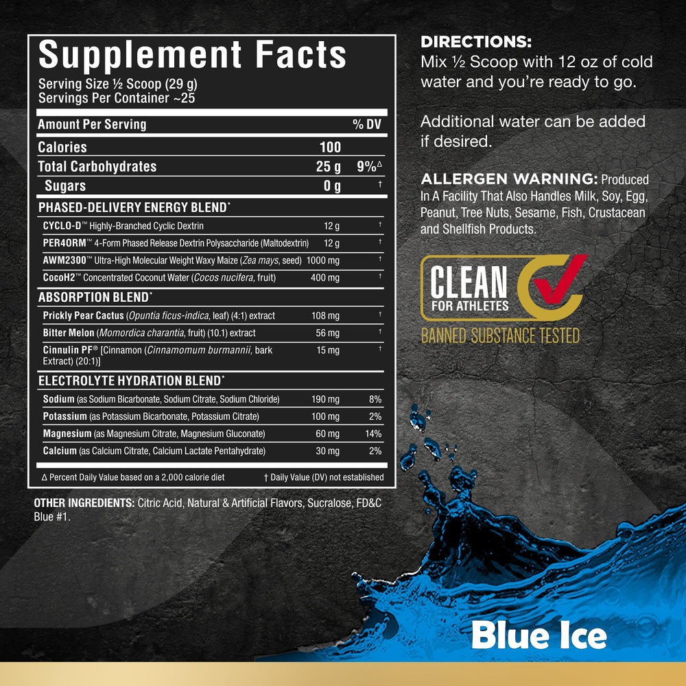 ALLMAX CARBION+ Blue Ice mix in glass, refreshing training hydration.