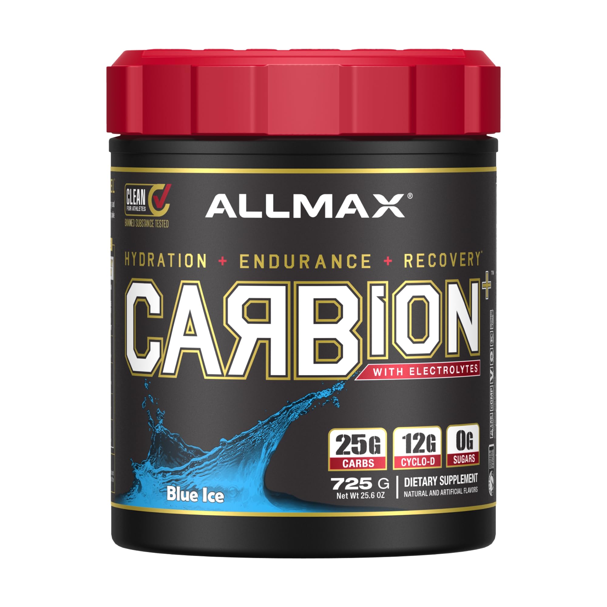 ALLMAX CARBION+ Blue Ice tub front, hydration-focused energy for workouts.