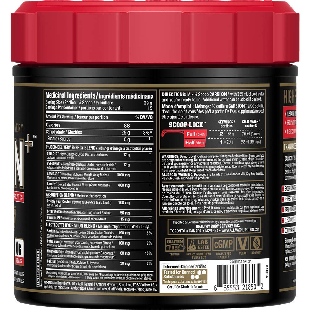 ALLMAX Carbion+ label highlights ingredients for clean energy and hydration