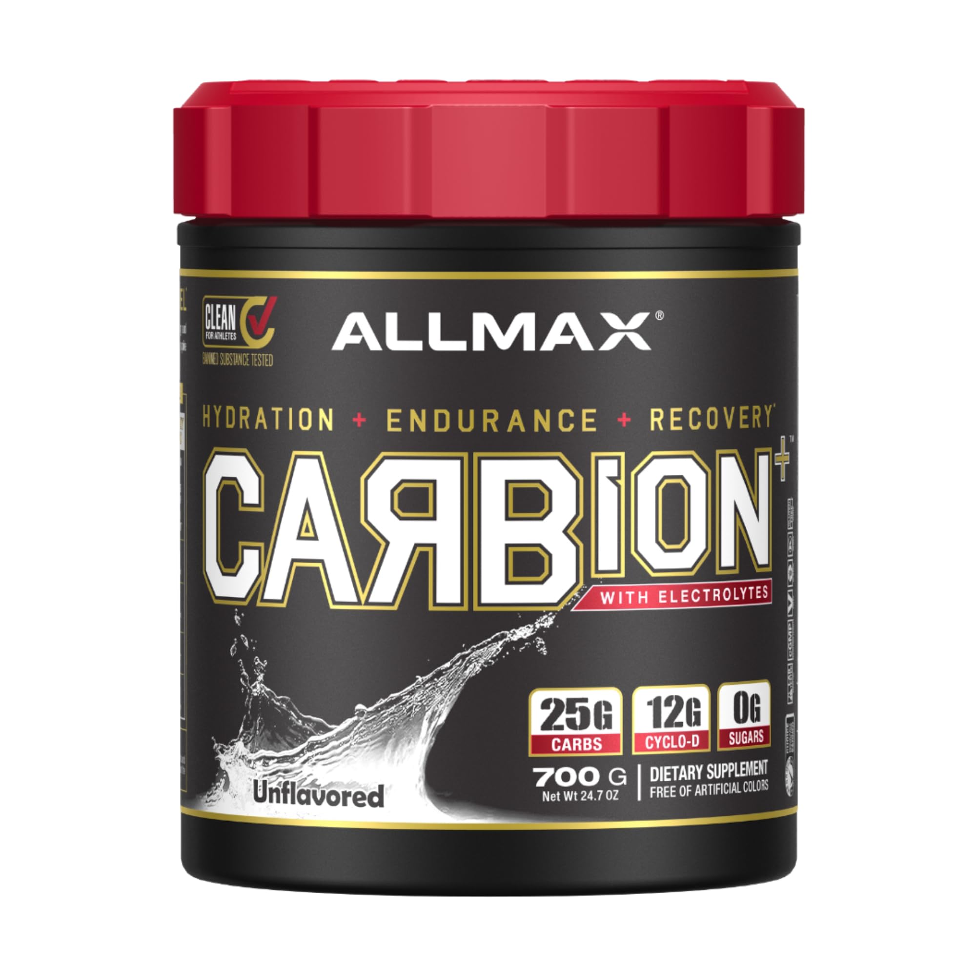 ALLMAX CARBION+ unflavored bottle front view for hydration during workouts.