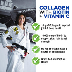Allmax Collagen Powder bottle shows biotin and vitamin C for beauty routines.