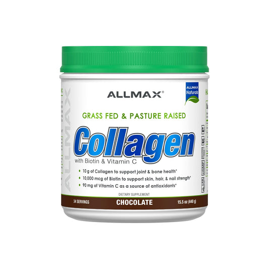 Allmax Collagen Powder bottle with grass-fed formula for daily joint support.