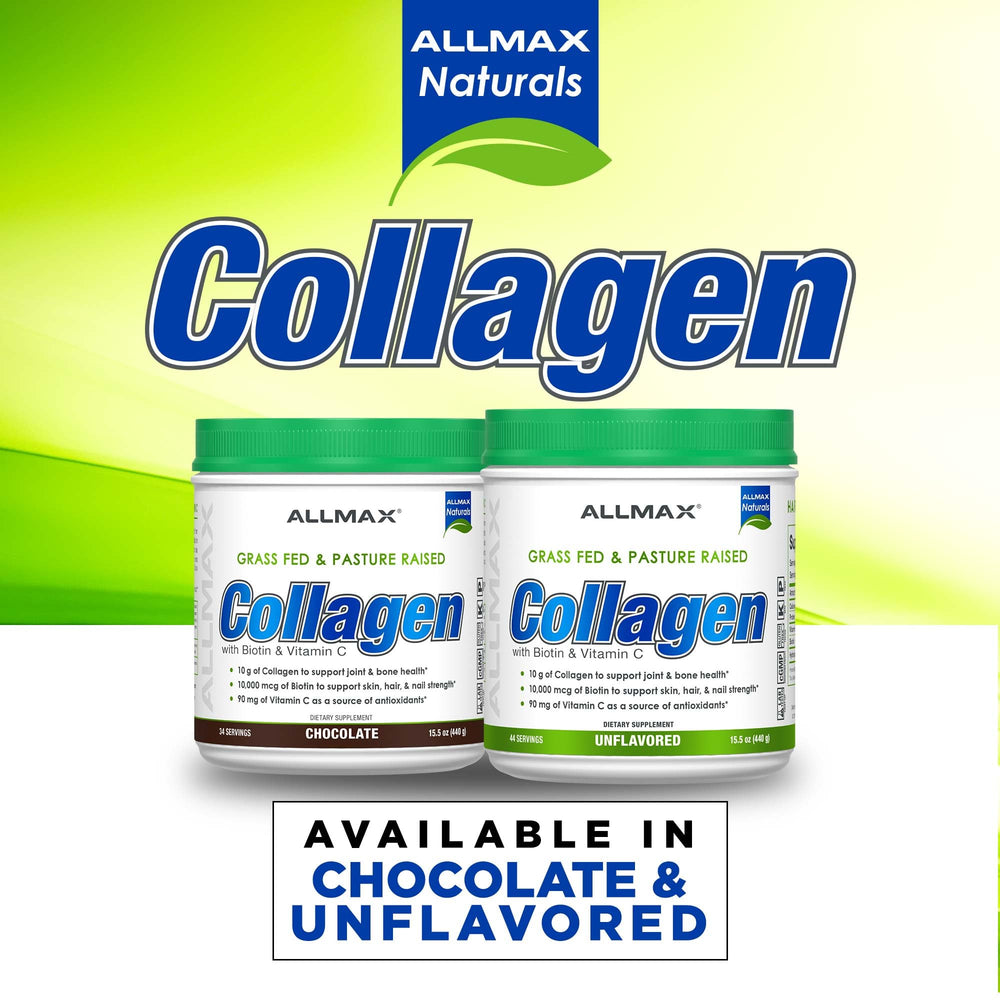 Allmax Collagen Powder packaging displaying cGMP-certified quality badge.