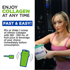 Allmax Collagen Powder being poured into coffee; blends easily.