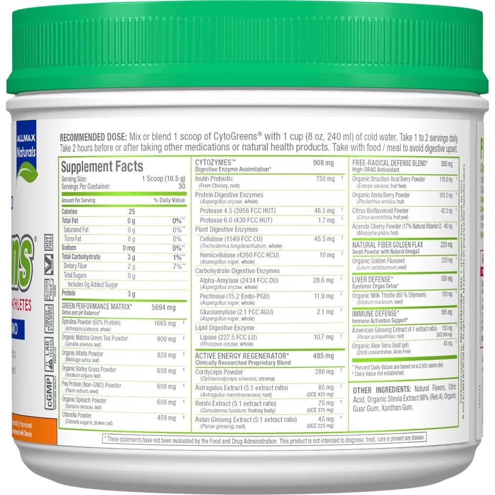 ALLMAX CytoGreens Orange Vanilla glass with refreshing daily drink.