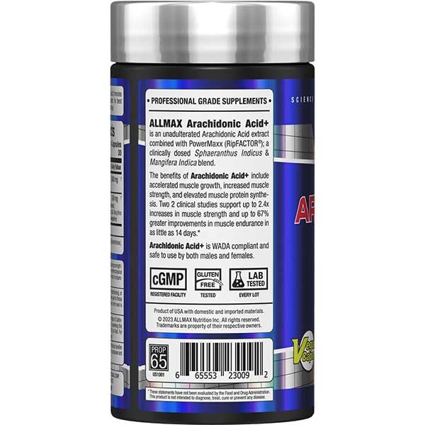 AllMAX Essentials ARA+ label close-up showing gluten-free vegan formula.